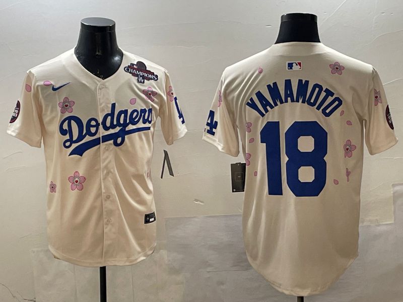 Men Los Angeles Dodgers 18 Yamamoto Cream Sakura Edition 2025 Nike MLB Jersey style 17